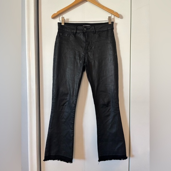 DL1961 Lara Mid Rise Cropped Flare Jeans Black Waxed Raw Hem Sz 27 - Picture 2 of 10